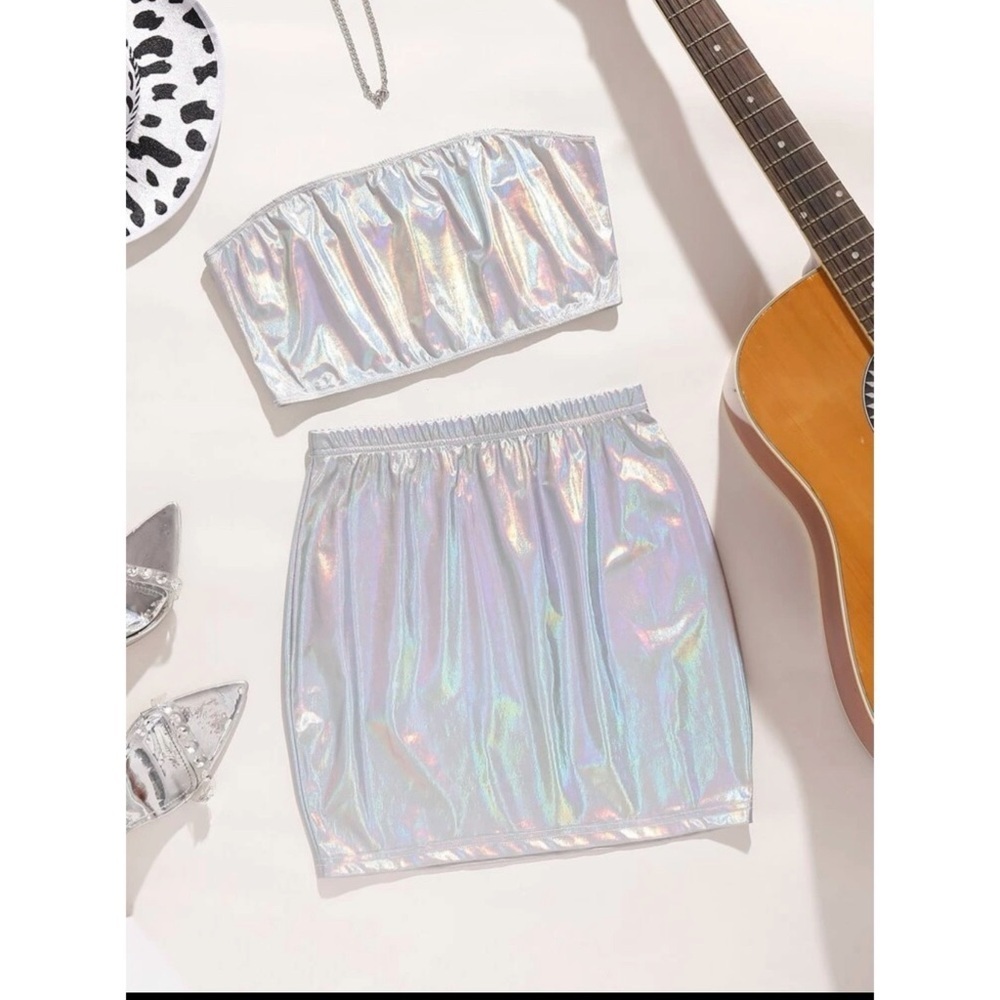 SHEIN Metallic Silver Two Piece Set Tube Top and Skirt Iridescent Holographic XL